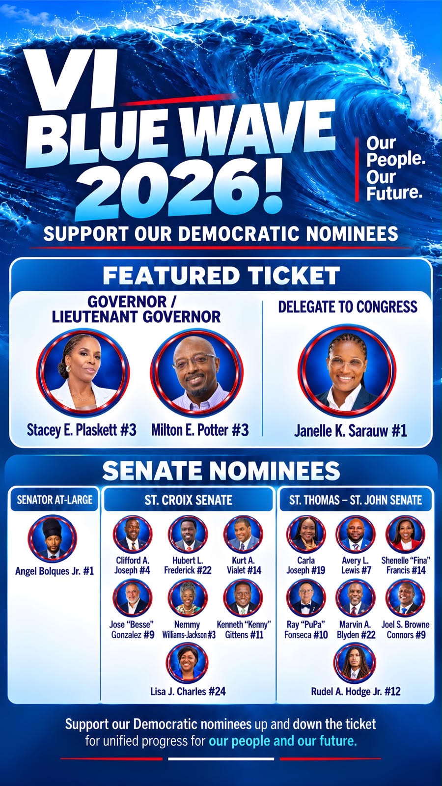 VI Blue Wave 2026 flyer featuring the Democratic nominees for Governor, Lieutenant Governor, Delegate to Congress and the Senate